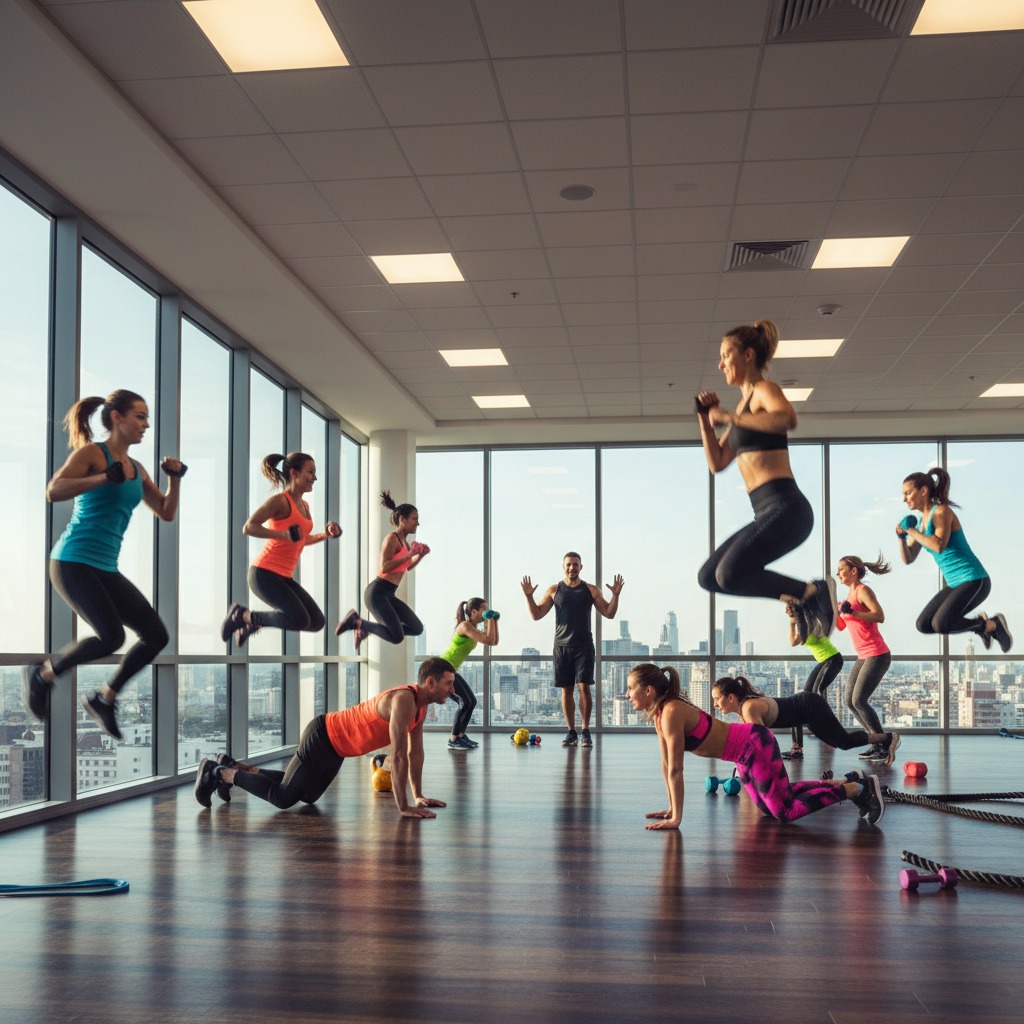 A diverse group of people perform various exercises, including jumping and push-ups, in a spacious gym with large floor-to-ceiling windows overlooking a city skyline.