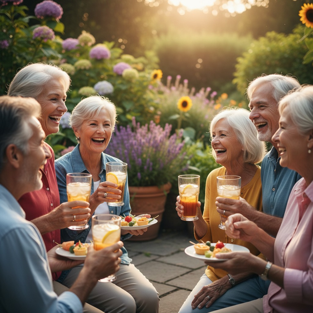 A group of older adults laughing and holding drinks and small plates of food while gathered in a sunny garden.