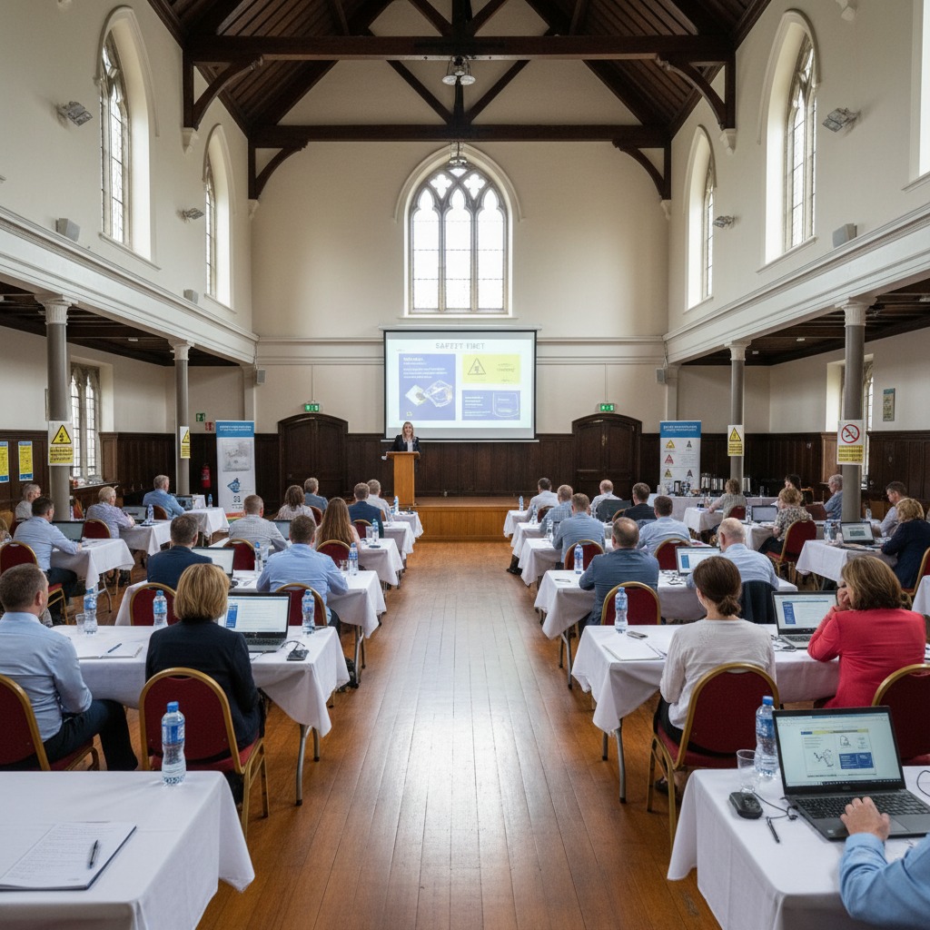 A woman presents a safety briefing on a stage to a large group of people seated at tables in a renovated church hall.