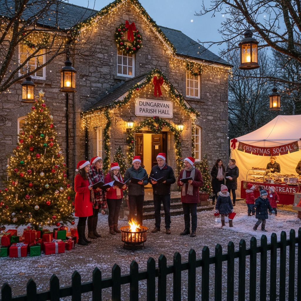 A group of people wearing Santa hats sing carols in front of a stone building decorated with lights and a Christmas tree.