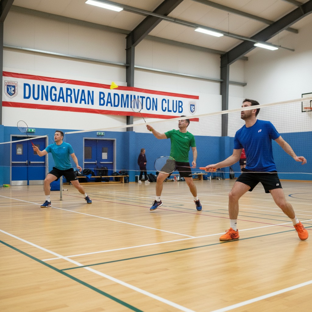 Three men play badminton in an indoor court under a banner for Dungarvan Badminton Club.